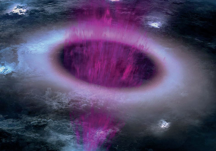 Imagen de la Tierra desde la Estación Espacial en la que se ven los destellos luminosos de los rayos de las tormentas. De uno de ellos sale un chorro de partículas de muy alta energía (el TGF) y en relación con ellas un anillo circular. Foto: Science.